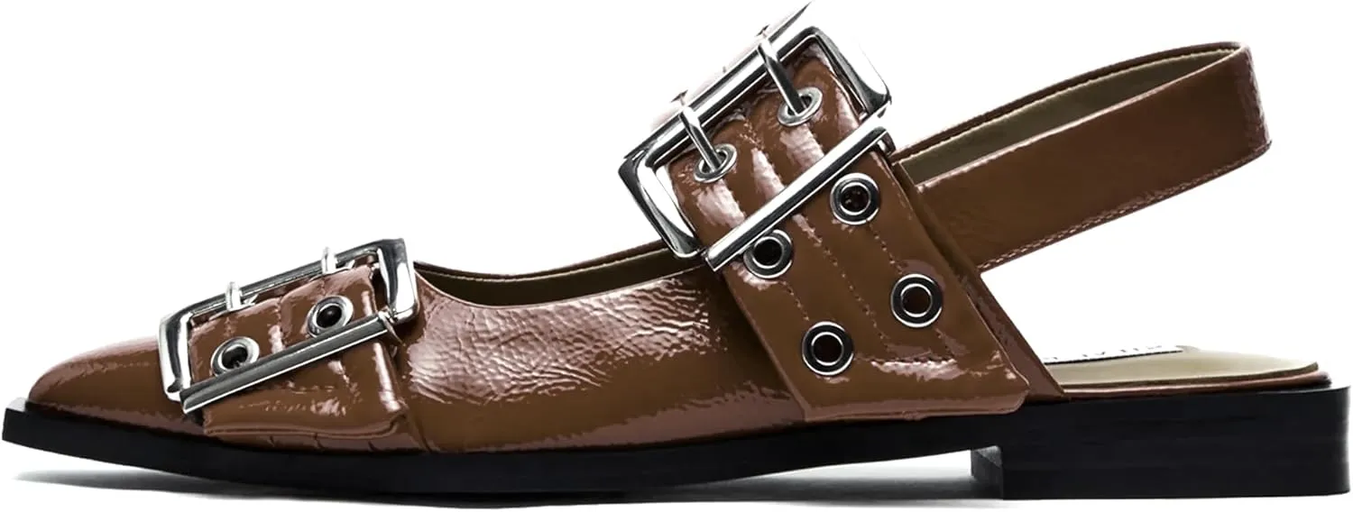 Women's Wide Welt Ballet Buckle Flats Comfortable Slingback Ballerina Squared Block Heel Sheos